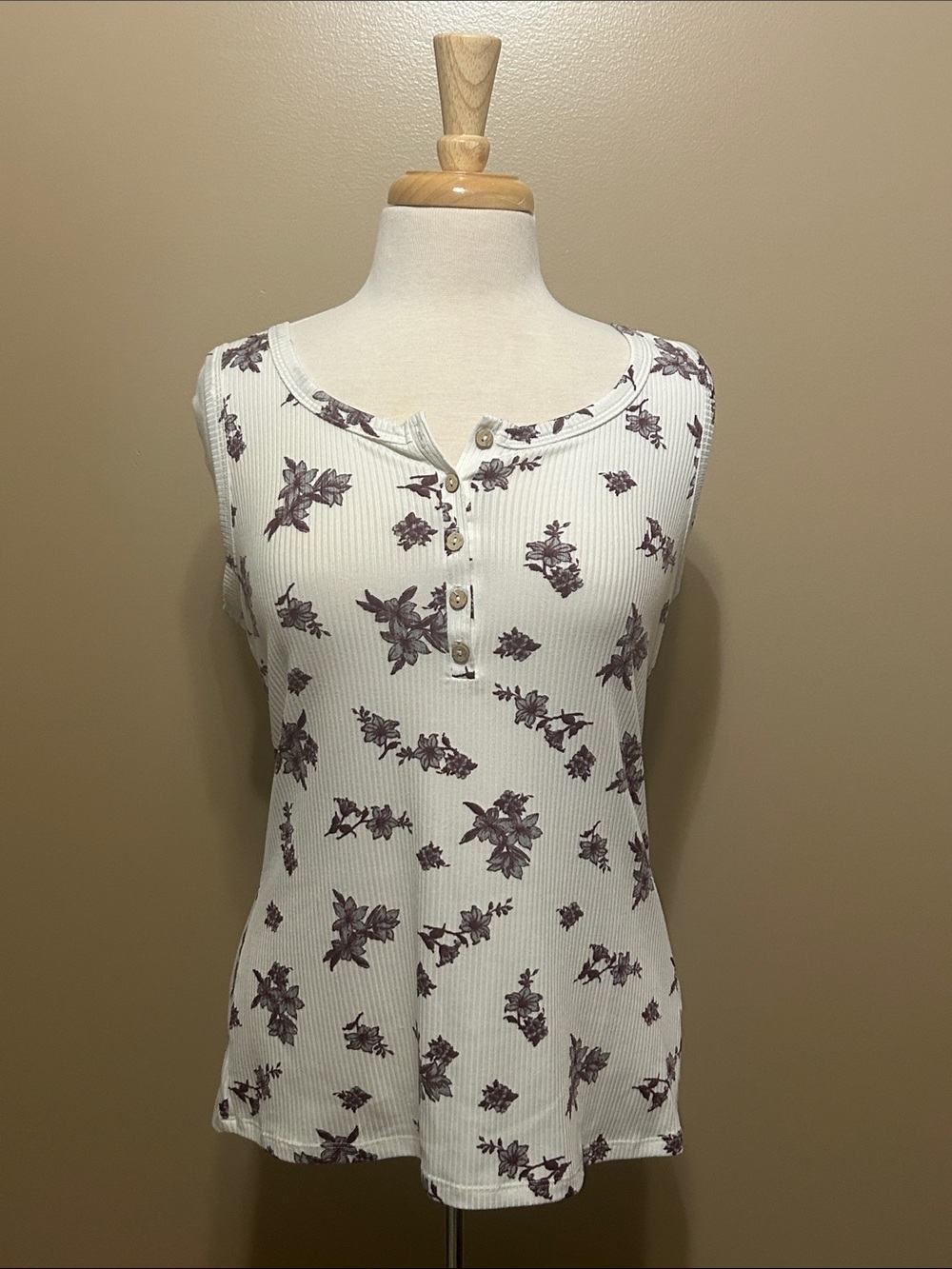 Pulse White Floral Ribbed Tank with Purple Floral Print